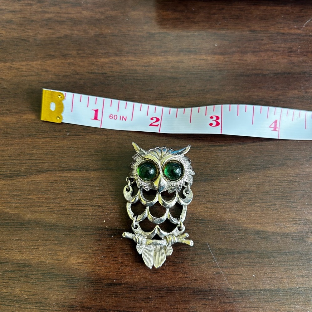 Silver Owl Brooch with Green Eyes